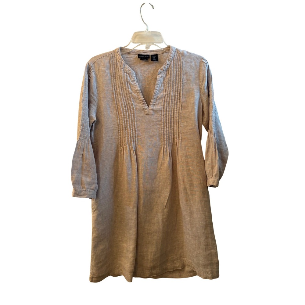 Tahari Womens Linen Pintuck Shift Dress Tan Beige V-Neck Coastal Beach XS